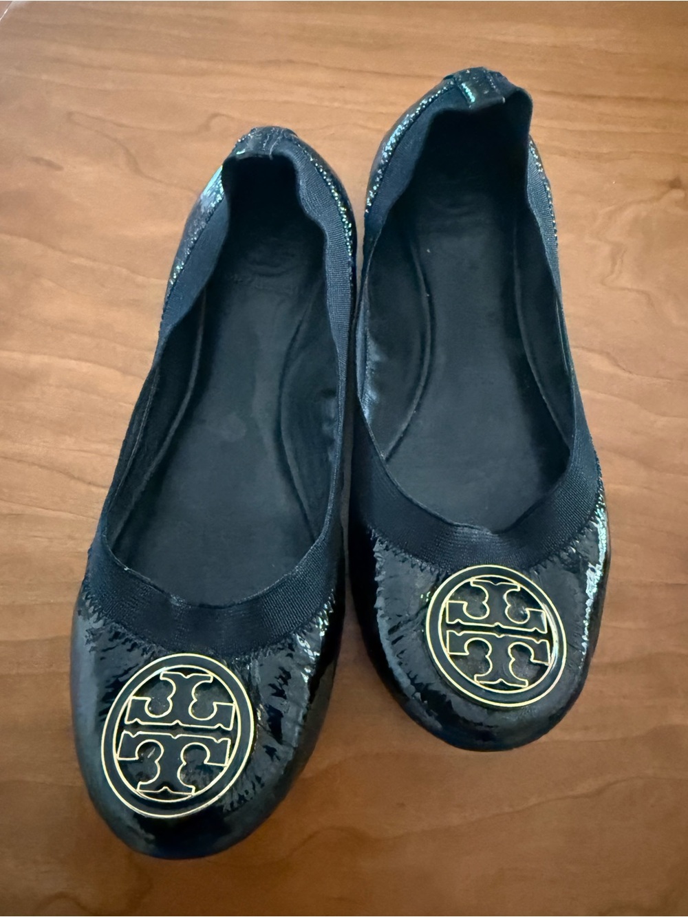 Tory Burch Black Patent Ballet Flats with Gold Logo Medallion